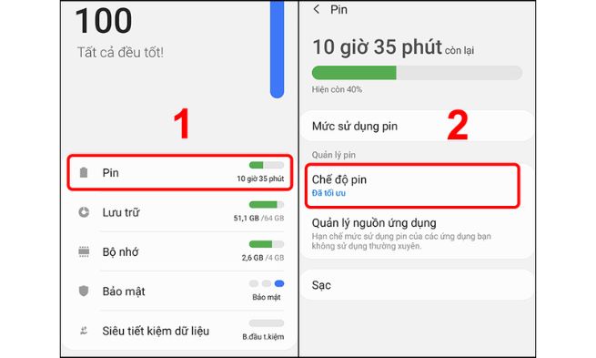 tắt chế độ tiết kiệm pin