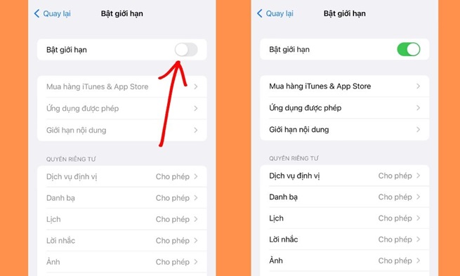 cài đặt giới hạn trên iPhone