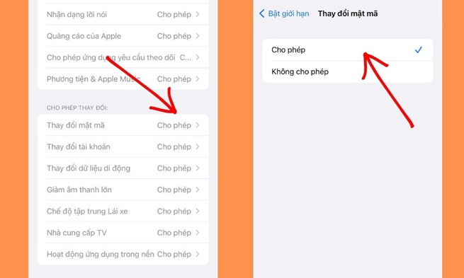 cho phép thay đổi mật mã
