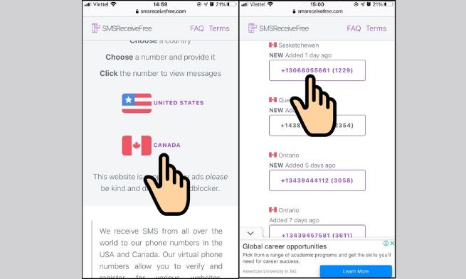 chọn một số điện thoại thuộc vùng United States hoặc Canada
