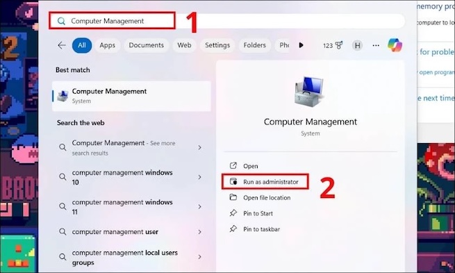 tìm Computer Management và chọn Run as administrator