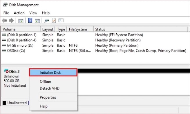 chọn Initialize Disk