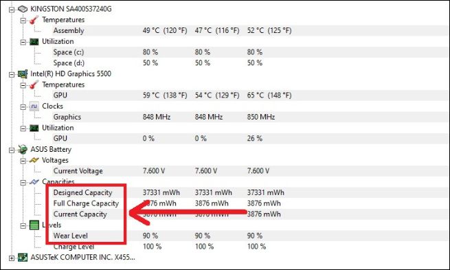kiểm tra 3 chỉ số: Design Capacity, Full Charge Capacity và Wear Level