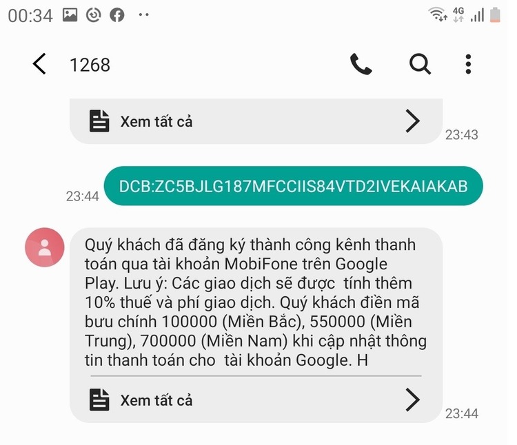 Google Play gửi tin nhắn xác nhận