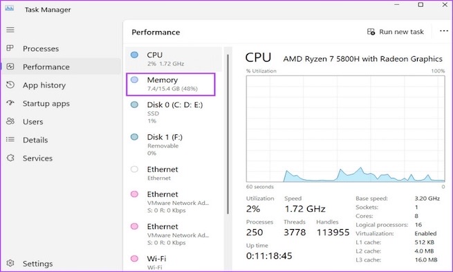 kiểm tra ram laptop loại gì bằnd Task Manager