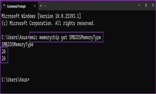 gõ lệnh wmic memorychip get SMBIOSMemoryType và nhấn Enter