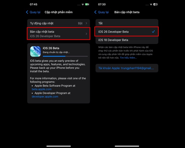 Quy trình cập nhật iOS 26 Beta trên iPhone