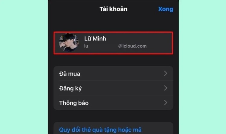 Chọn tên tài khoản/iCloud để truy cập cài đặt tài khoản