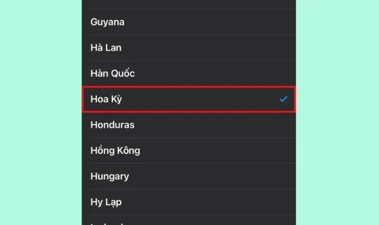 chọn Hoa Kỳ trong danh sách quốc gia