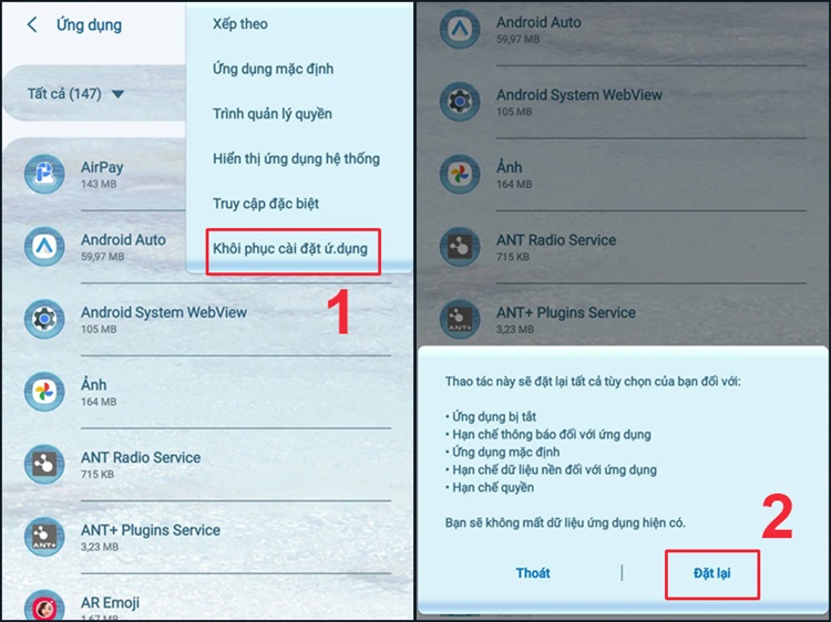 Đặt lại Tùy chọn ứng dụng