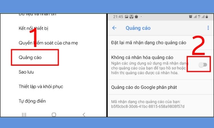 Tắt cá nhân hóa quảng cáo trong cài đặt hệ thống android