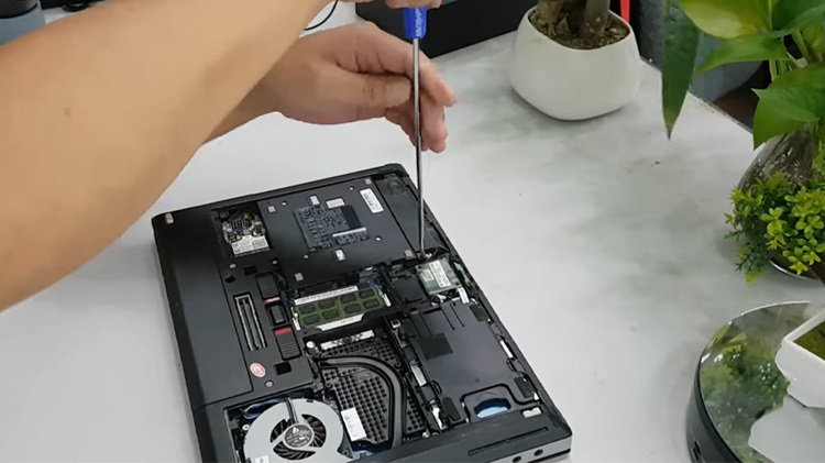 Dùng tua vít tháo loa ra khỏi laptop.