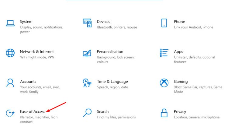 Chọn Ease of Access