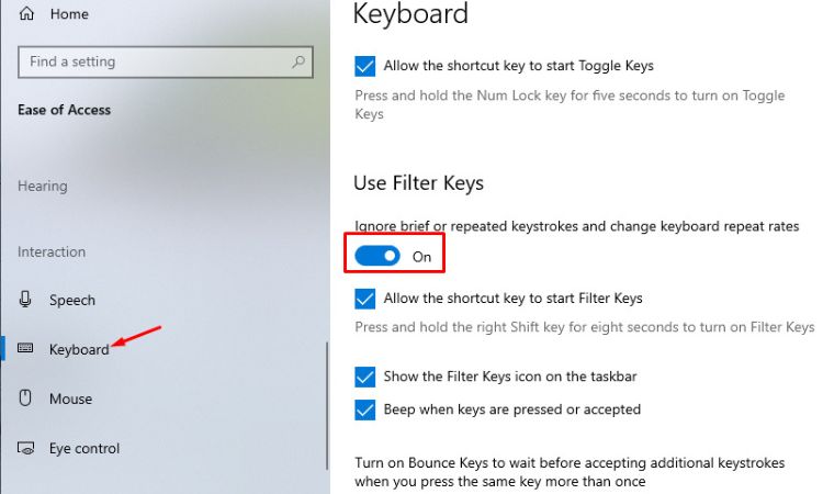 Bật tính năng Filter Keys → On