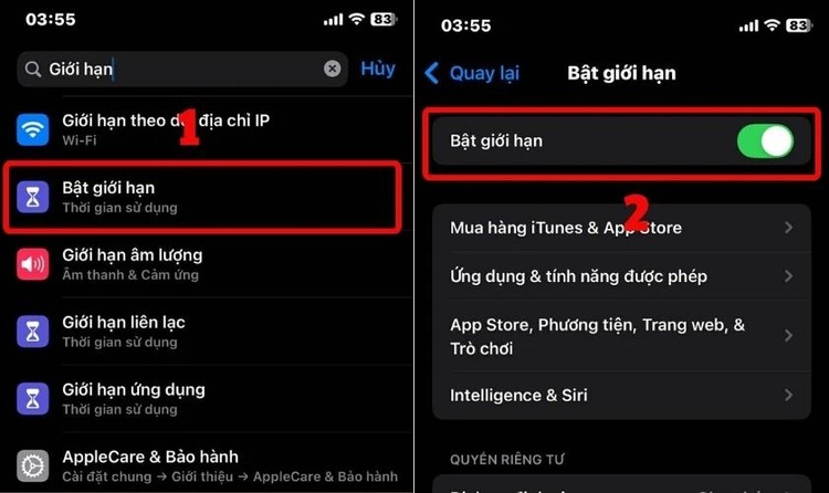 Tắt chế độ giới hạn