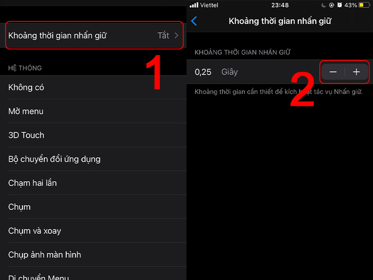 Cài đặt thời gian nhấn giữ phù hợp