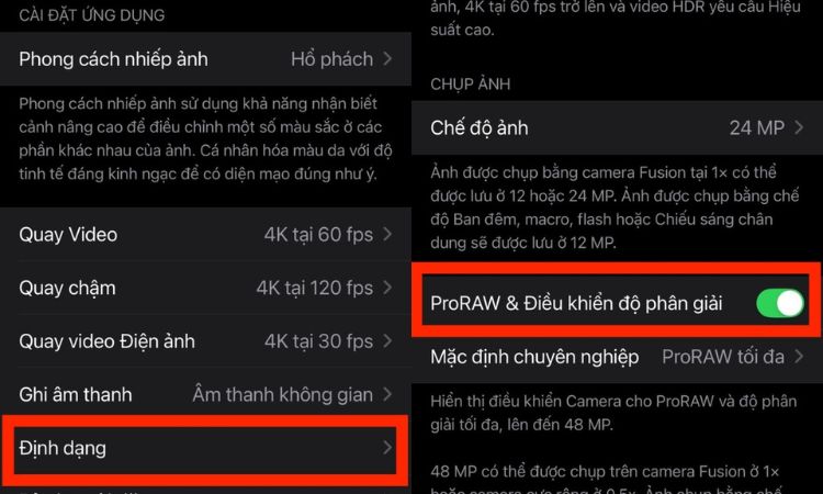 Chọn định dạng ProRAW