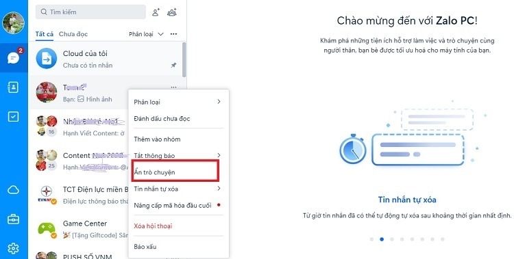 Ẩn tin nhắn Zalo trên máy tính, laptop