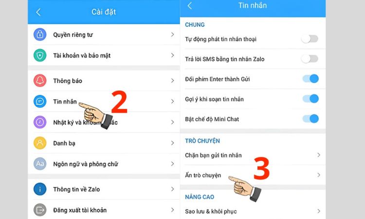 Tìm đến mục Ẩn trò chuyện