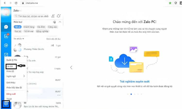 Mở cài đặt trên Zalo PC