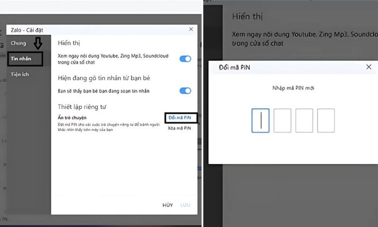 cách đổi mã pin ẩn trò chuyện zalo