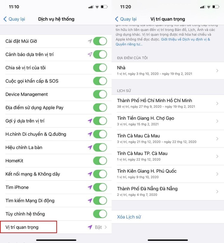 Kiểm tra lịch sử vị trí trong Cài đặt