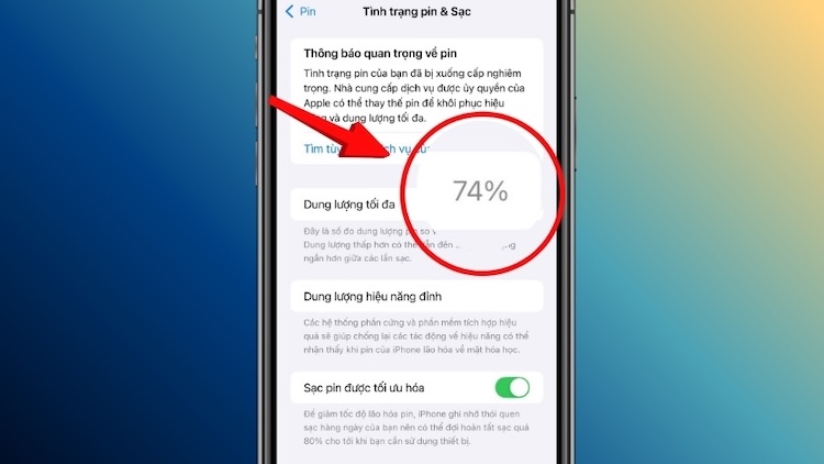 dung lượng tối đa (Maximum Capacity) dưới 80%