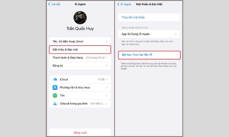 bật xác thực hai yếu tố (2FA) cho Apple ID