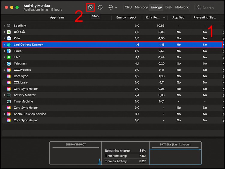 Chọn ứng dụng và nhấn dấu X ở góc trên để tắt