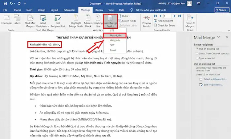 Chèn trường dữ liệu vào Word