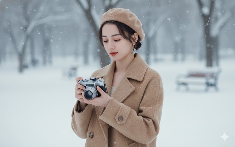 prompt Noel cầm máy ảnh trong tuyết