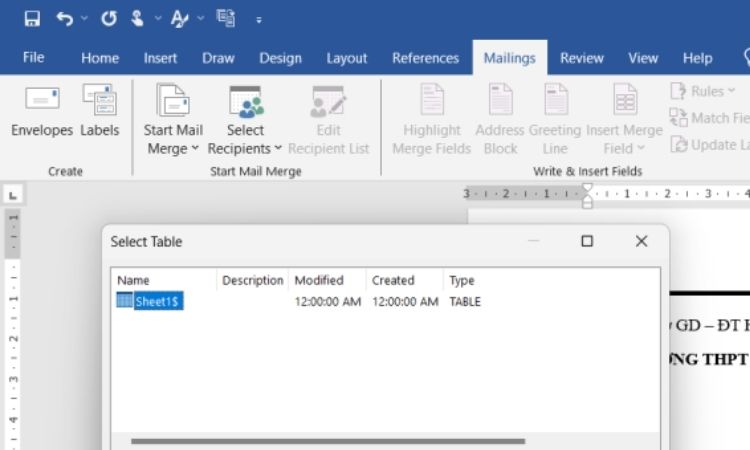 Kết nối Word với file Excel
