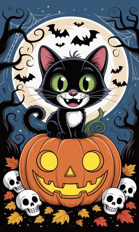 Poster Halloween mèo đen dễ thương, đáng yêu
