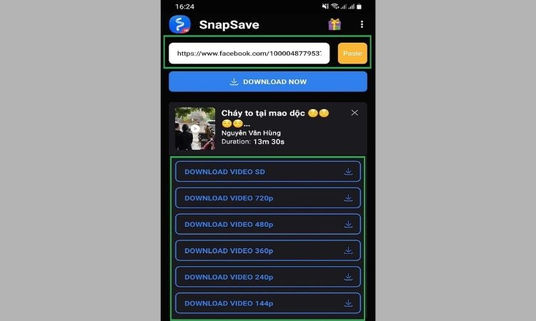 sao chép đường link video trên Facebook và dán vào ô "Home" trong ứng dụng SnapSave