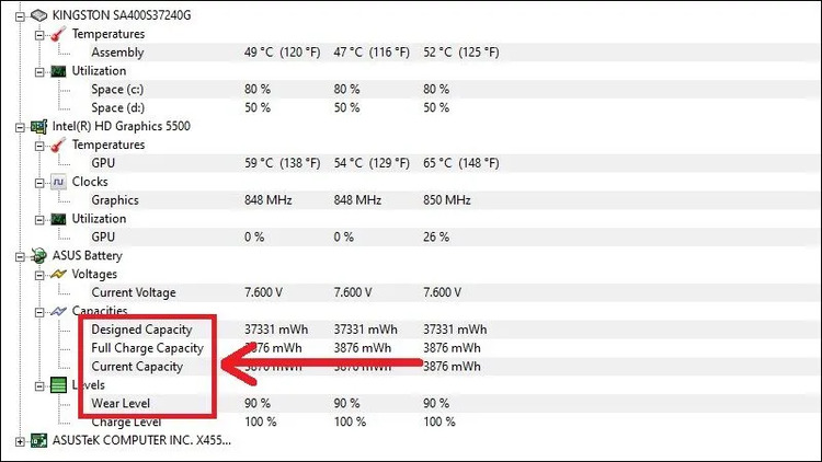 Kéo xuống mục Battery để xem các thông số Design Capacity, Full Charge Capacity và Wear Level