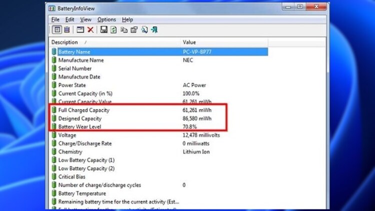 Kiểm tra các thông số như Design Capacity và Full Charge Capacity