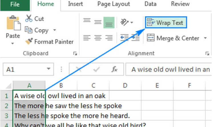 Vào Home > Wrap Text