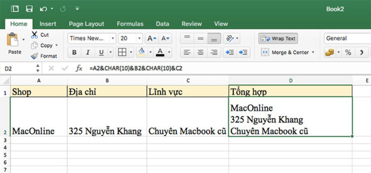 Cách xuống dòng trong Excel MacBook bằng hàm ghép nội dung (CHAR(10))