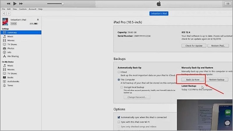 Chọn Back Up Now để sao lưu dữ liệu trên máy