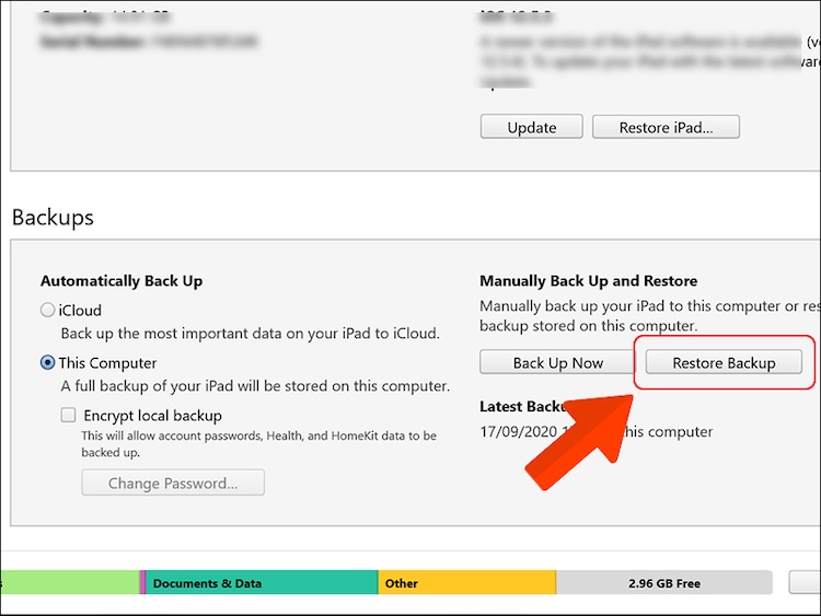Chọn Restore Backup để phục hồi lại các dữ liệu ban đầu