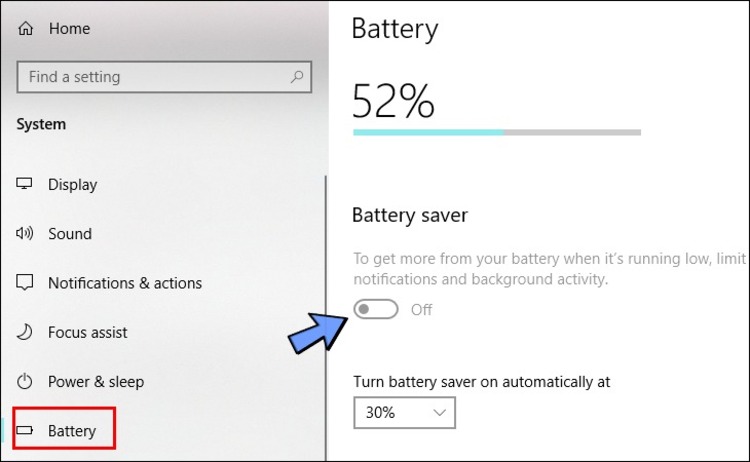 tắt chế độ tiết kiệm pin