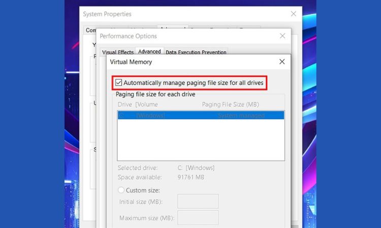 Bỏ tích Automatically manage paging file size for all drives.