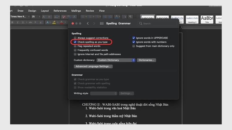 đánh dấu lại tùy chọn Check spelling as you type
