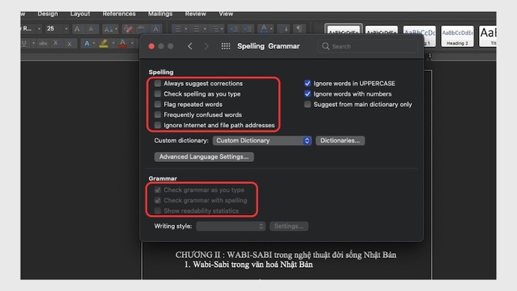 Bỏ chọn kiểm tra chính tả và ngữ pháp