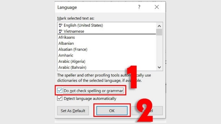 Bật tùy chọn không kiểm tra chính tả