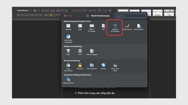 tìm mục Spelling & Grammar hoặc Proofing