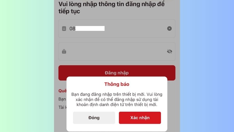Nhấn Xác nhận để tiếp tục