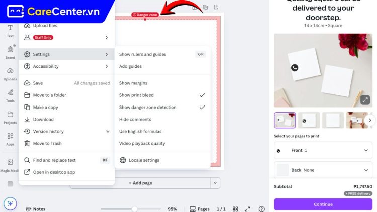 Cách tắt cảnh báo vùng nguy hiểm trên Canva