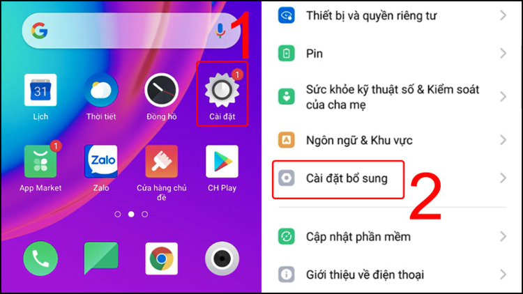 Vào Cài đặt > Cài đặt bổ sung