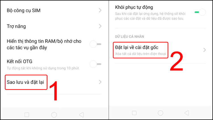 Chọn Sao lưu và Đặt lại > Đặt lại về cài đặt gốc